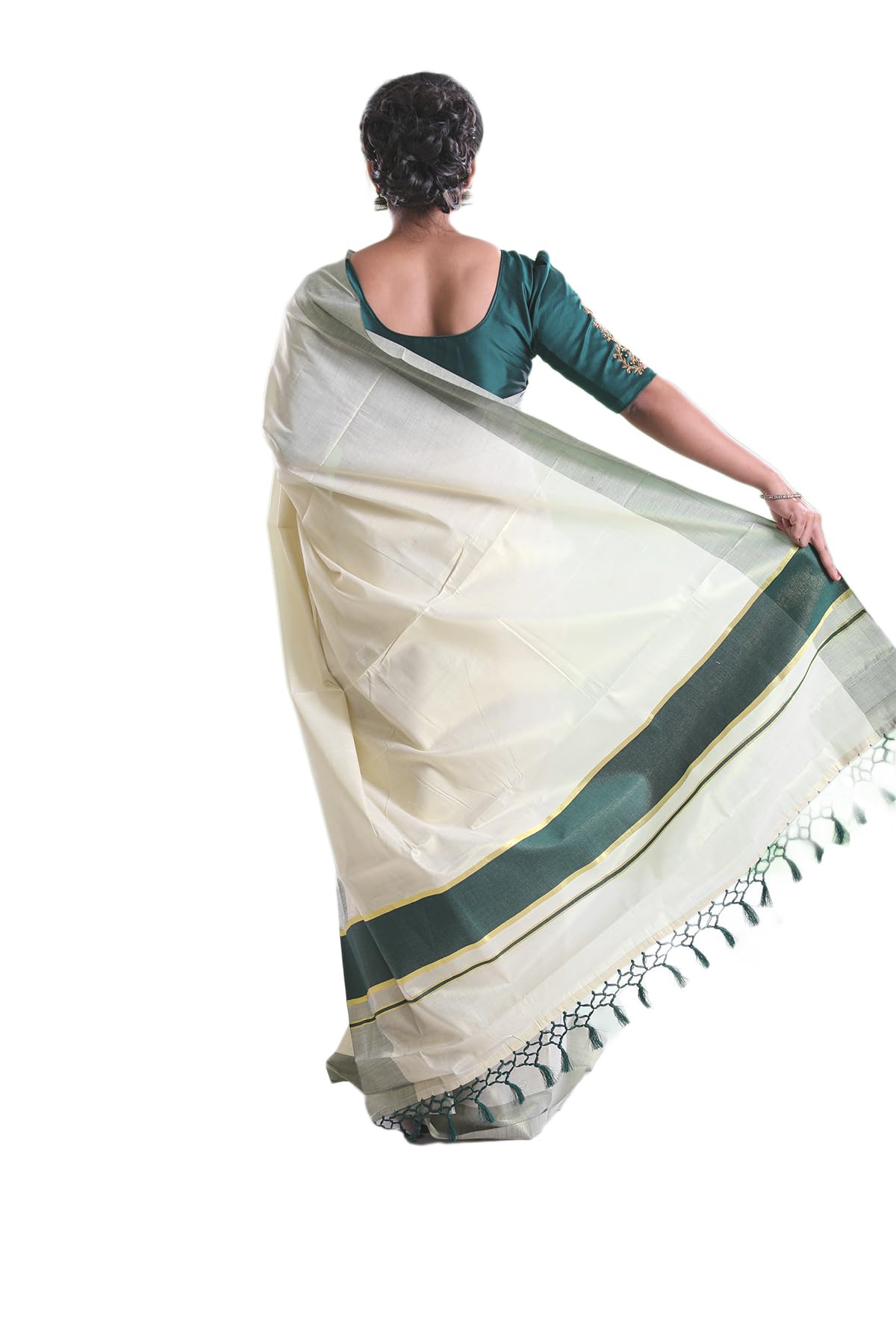 ALLUVY Kuthampully Kerala Saree |Traditional South Indian Sarees |Onam Tissue Kasavu Saree |Authentic South Cultural Sarees | Women's Plain Zari Kasavu | EKM-776 (Dark Green)