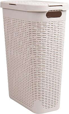 Mind Reader 40L Slim Laundry Hamper with Lid, Wicker-Style Plastic