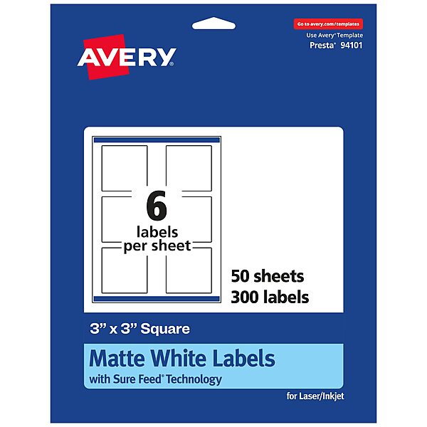 Avery Matte White Square Labels, Sure Feed Technology, 3" x 3", Printable