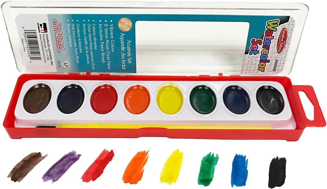 Charles Leonard Semi-Moist Watercolor Paint Set, Oval Pan with Brush, 8 Assorted Colors, 12 Sets