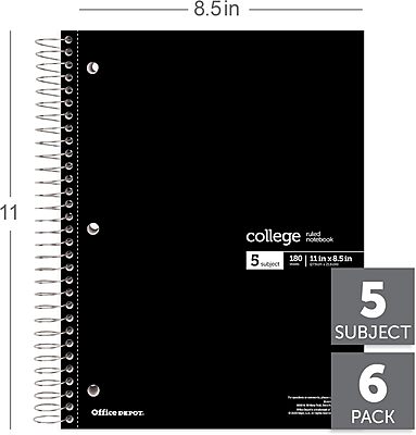 Office Depot® Wirebound Notebooks, 8 1/2" x 11", 5 Subjects, College Ruled, 180 Sheets, Assorted Colors, Pack Of 6 Notebooks