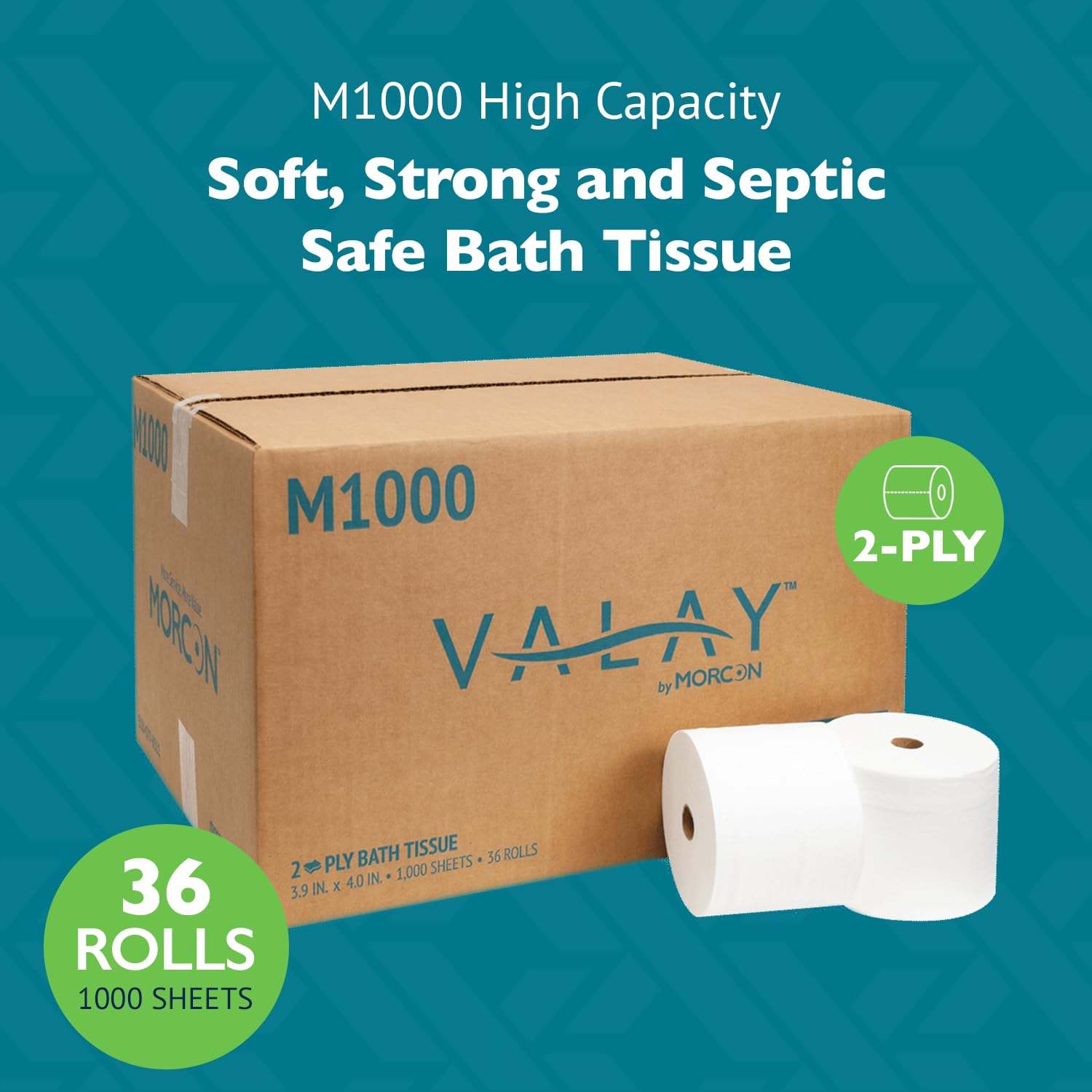 Morcon M1000 Compact Small Core Coreless Alternative, Premium Bath Tissue Roll, High Capacity Commercial Toilet Paper 2 Ply