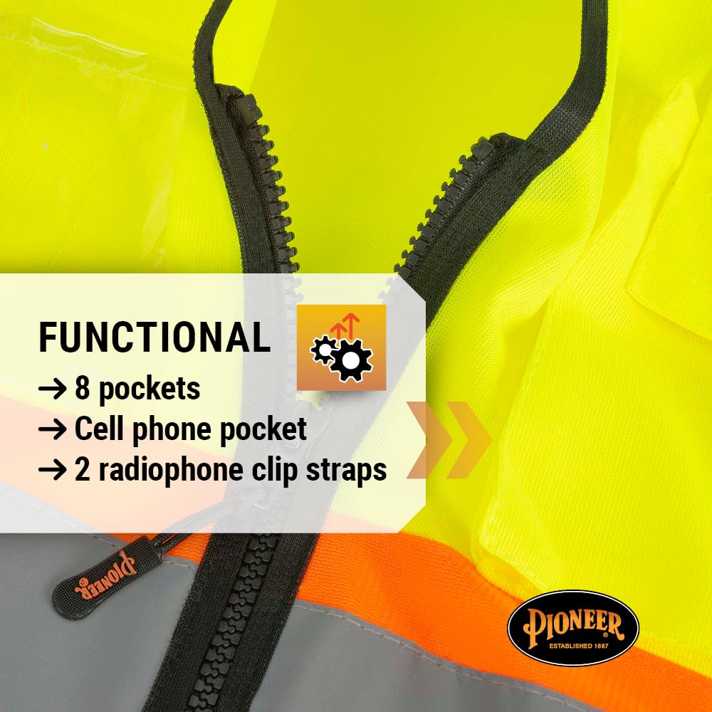 Pioneer Hi-Vis Reflective Safety Vest, Solid Neon, 8 Pockets, Zipper, Adjustable