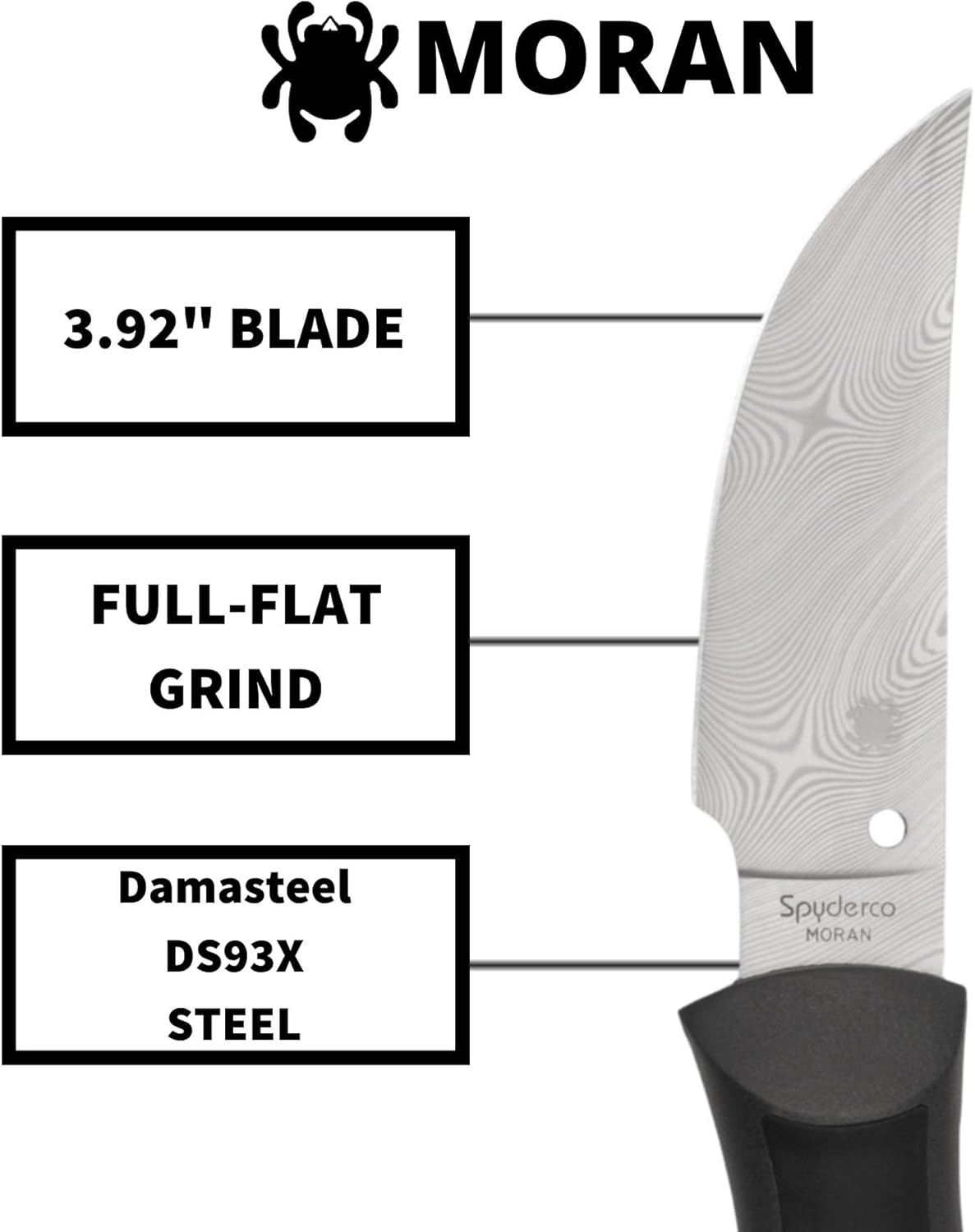 Spyderco Moran Upswept Gray Fixed Blade Knife - Damasteel DS93X with FRN/Kraton Handle, PlainEdge - FB01PGYD