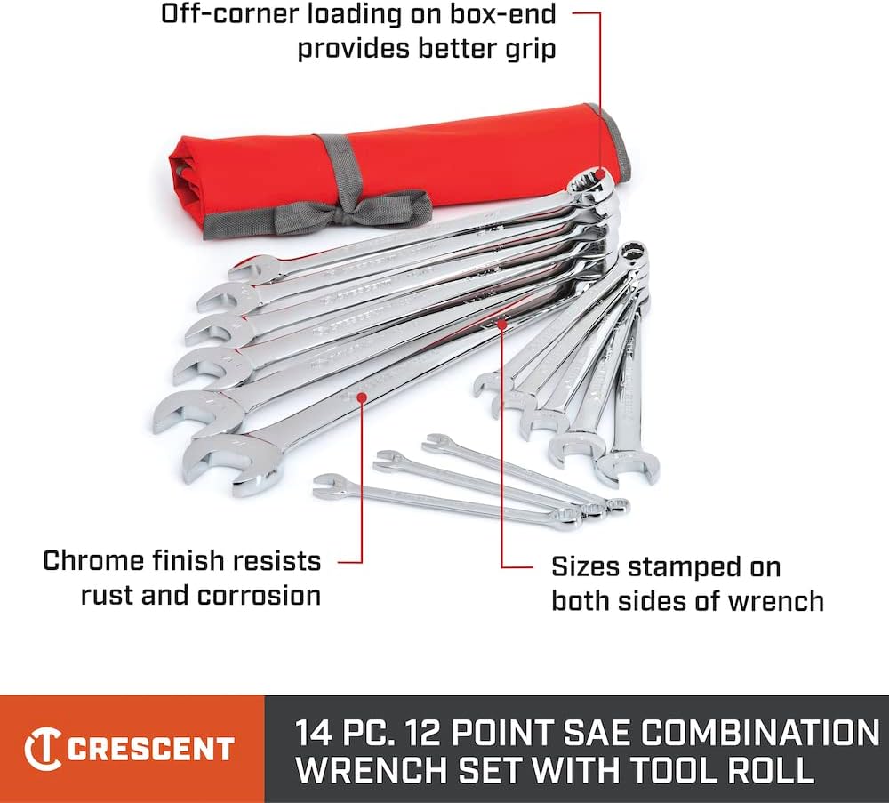 Crescent 14 Piece 12 Point SAE Combination Wrench Set with Tool Roll - CCWS4