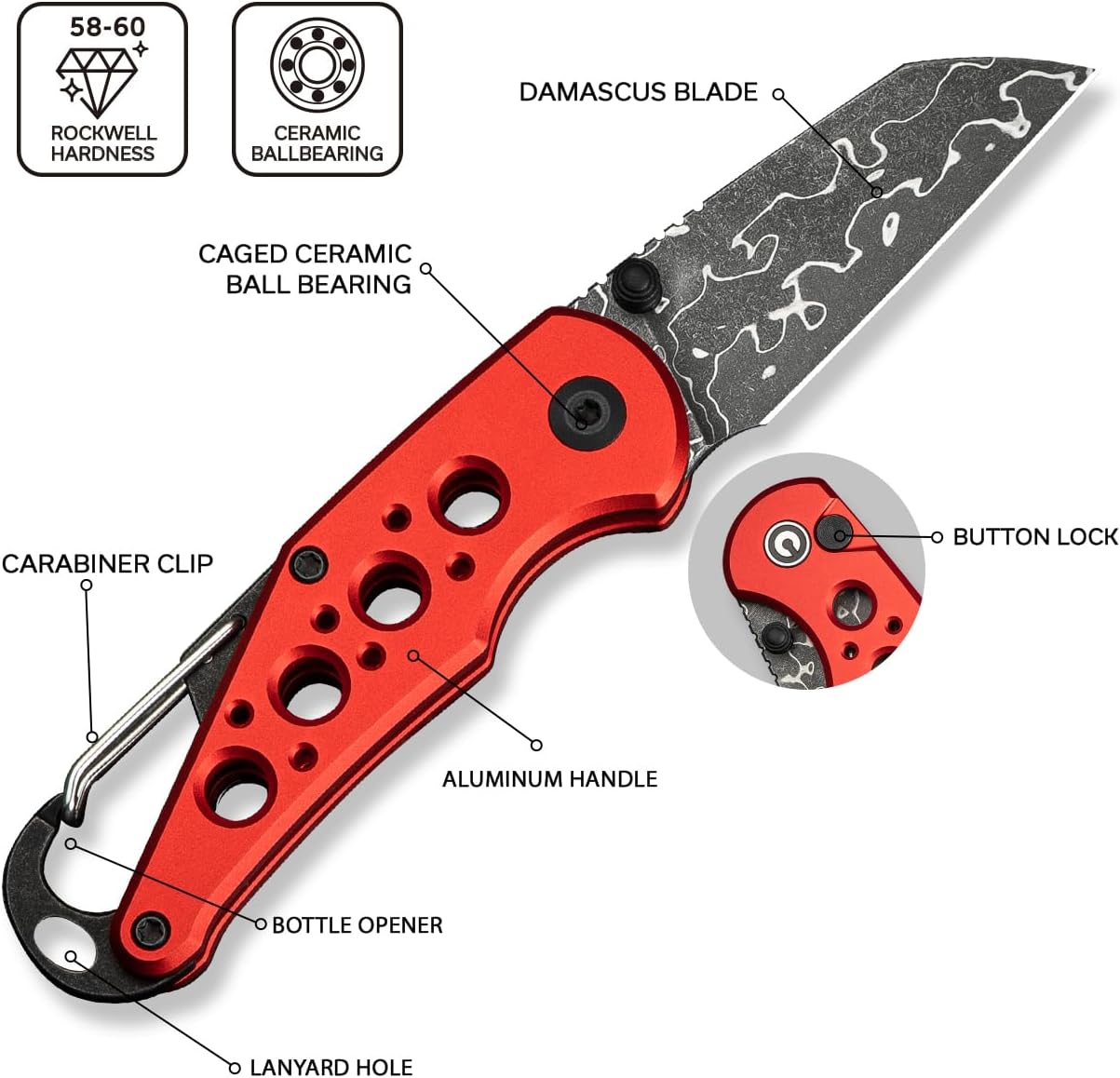 CIVIVI Pragma Folding Knife 2.2" Wharncliffe, Aluminum Handle, Carabiner & Bottle Opener