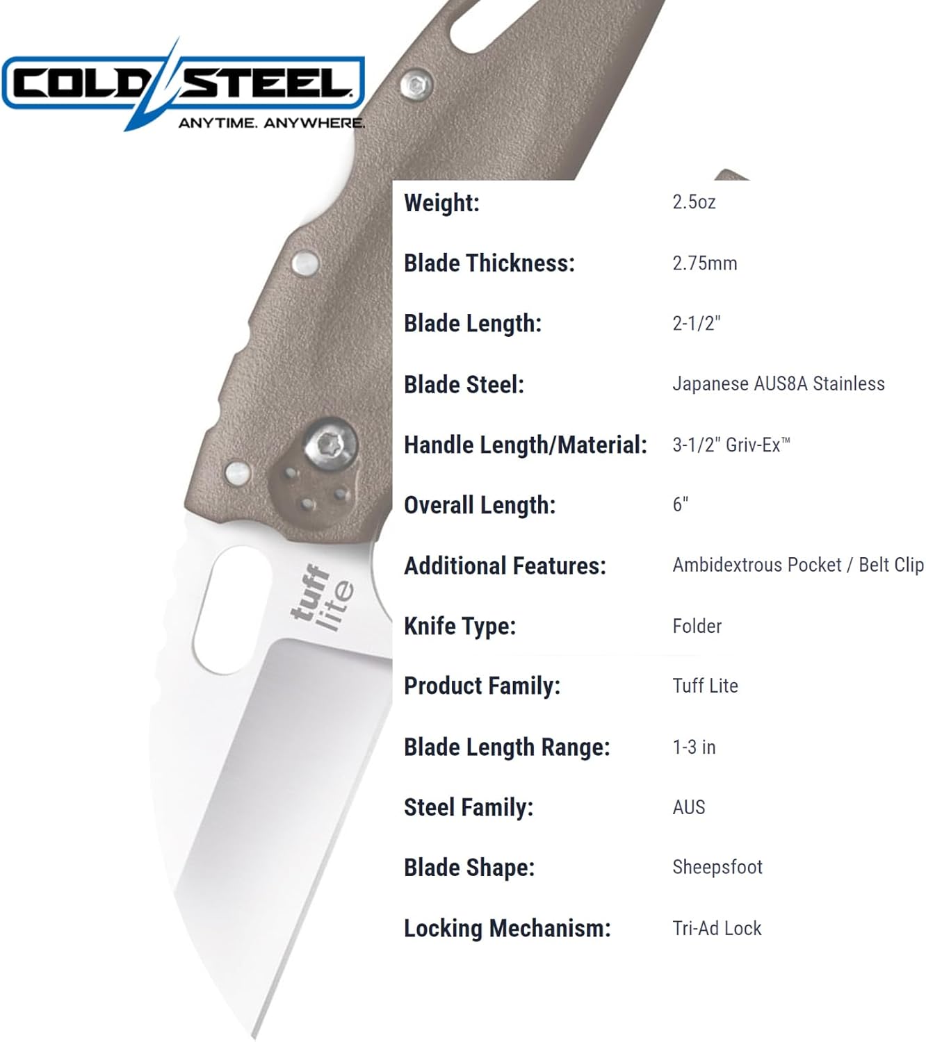 COLD STEEL Tuff Lite Pocket Folding Knife - AUS8A Sheepsfoot Plain Blade, Griv-Ex Handle