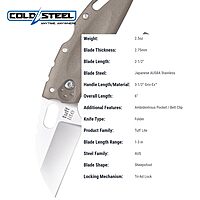 Cold Steel Tuff Lite 2.5" AUS8A Sheepsfoot Razor-Sharp Plain Blade 3.5" Griv-Ex FDE Handle Pocket Folding Knife, Blister Pack