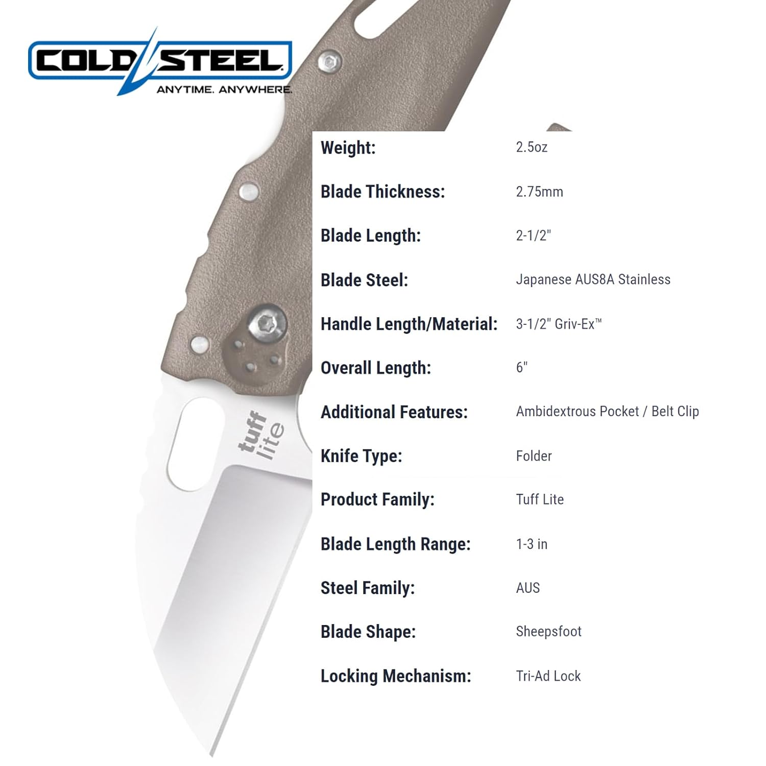 Cold Steel Tuff Lite 2.5" AUS8A Sheepsfoot Razor-Sharp Plain Blade 3.5" Griv-Ex FDE Handle Pocket Folding Knife, Blister Pack
