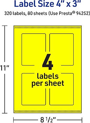 Avery Printable Rectangle Labels, Sure Feed Technology, 4" x 3", Neon Yellow, Print-to-The-Edge