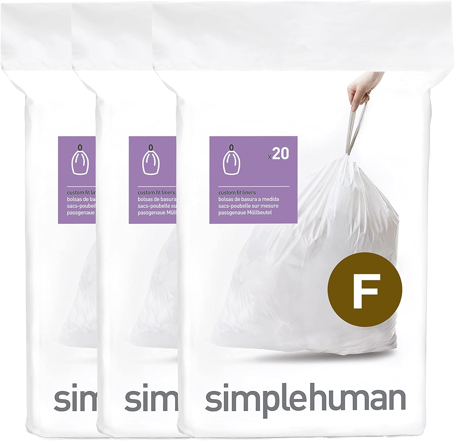 simplehuman Custom-Fit Trash Can Liners, Drawstring, White