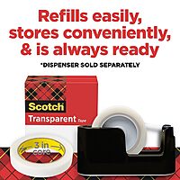 Scotch Transparent Tape, Clear Tape Engineered for Office and Home Use, 3 Inche Core, 1 in x 2592 in, 3 Rolls
