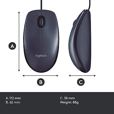 Logitech B100 Wired Mouse for Computer and Laptop, USB Corded Mouse, Right or Left Hand Use - Black