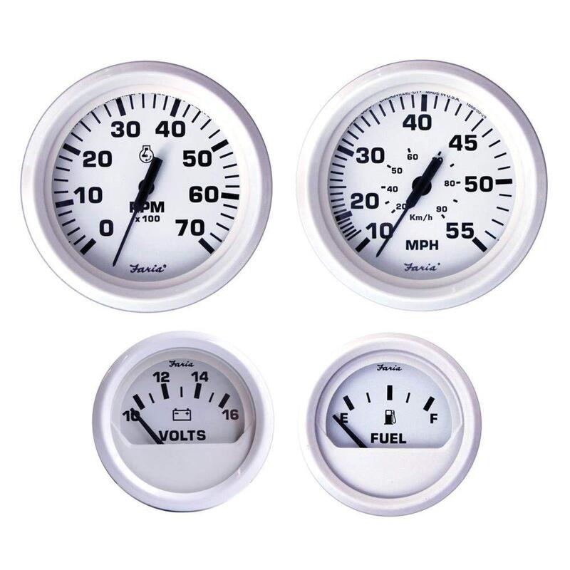 Faria Beede KT9794 Dress White Outboard 4-Gauge Boxed Set - Speedometer/Tachometer/Fuel Level/Voltmeter