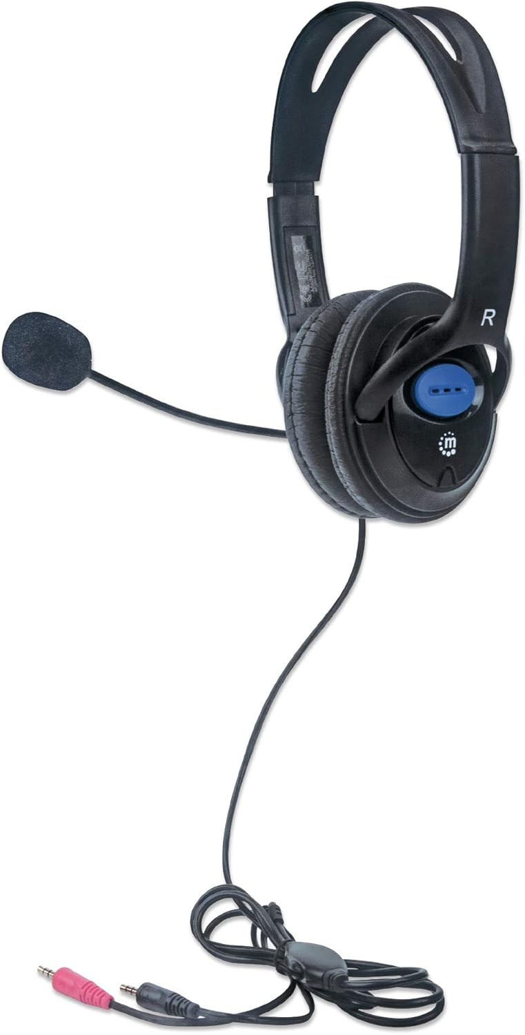 Manhattan Stereo Headset — Lightweight Over-Ear Design, 6 ft. (1.8 m) Cable, Two 3.5 mm Plugs, Adjustable Mic