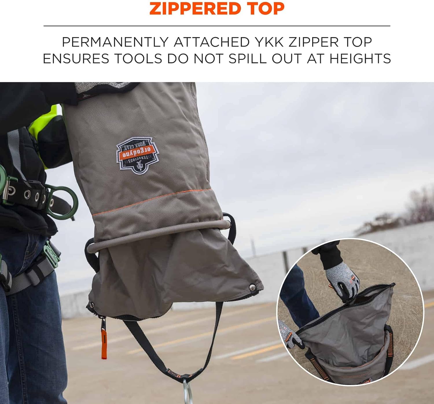 Ergodyne Arsenal 5973 Large Nylon Hoist Bucket Tool Bag - D-Rings, Zipper Top, Gray