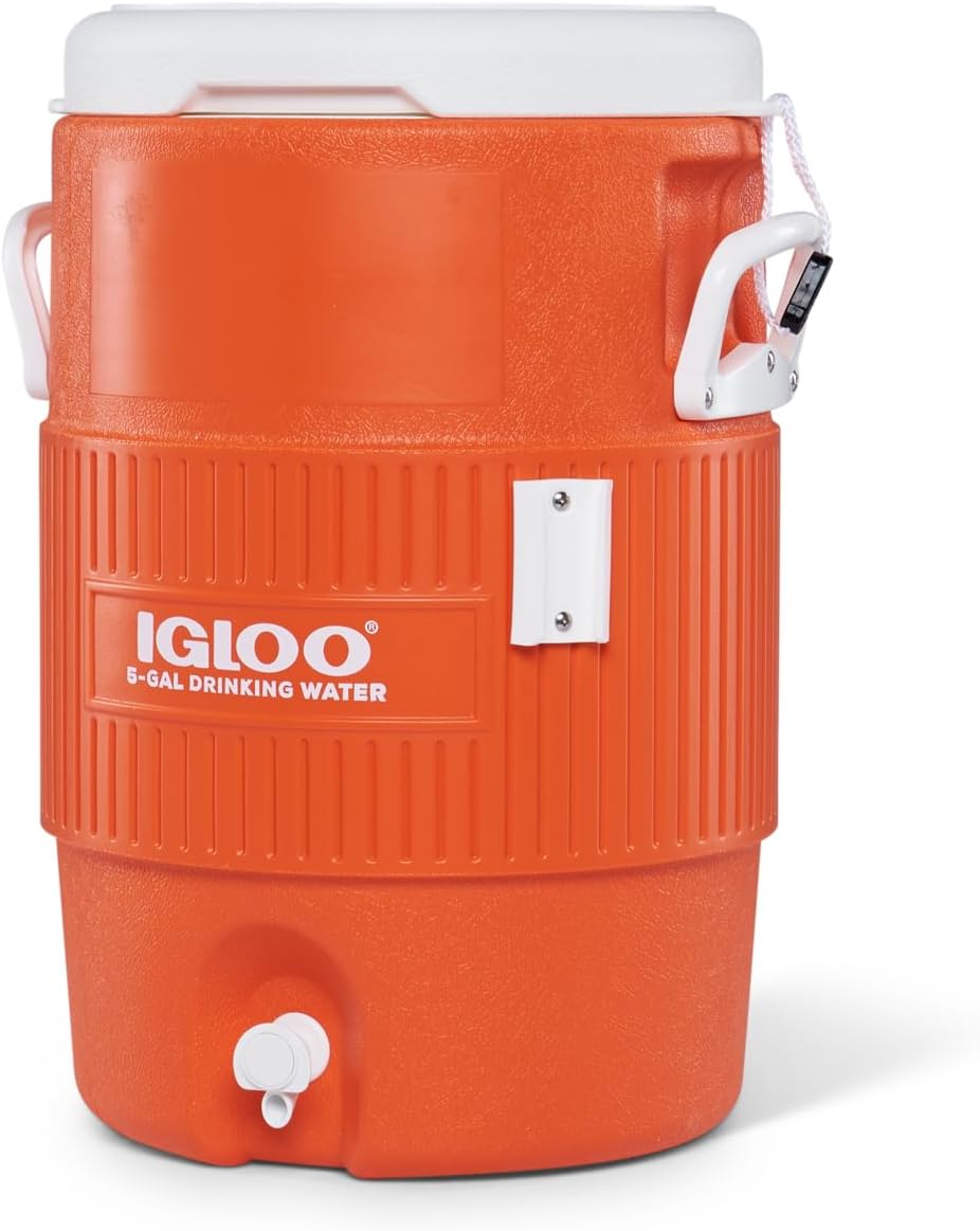 Igloo 5 Gallon Portable Sports Cooler Water Beverage Dispenser with Flat Seat Lid, Insulated Beverage Dispenser, Orange/White