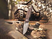 Böker Manukaftur Solingen M4 Sherman Damascus - Folding Collector's Pocket Knife Crafted from Recovered M4 Tank Materials
