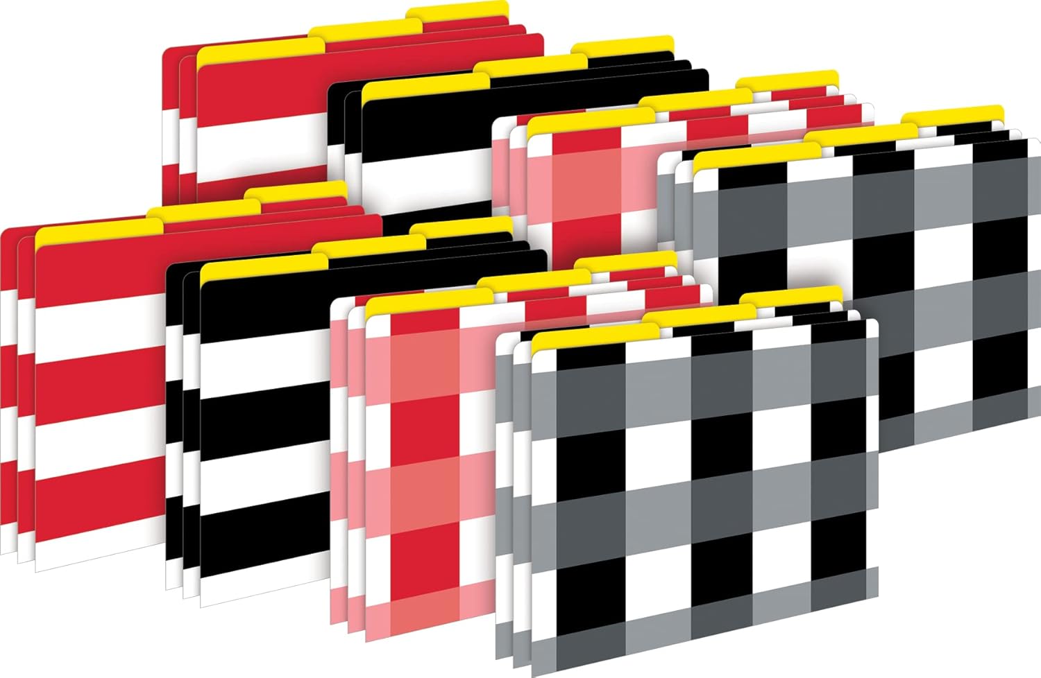 Barker Creek Designer File Folders Set of 24, Buffalo Plaid & Wide Stripes, Multi-Design Set with Plaids, Stripes on Outside