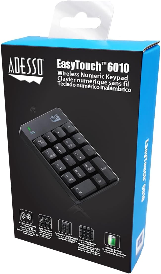 Adesso Wireless Spill Resistant 18-Key Numeric Keypad - Wireless Connectivity - RF - 30 ft - 2.40 GHz - WKB-6010UB