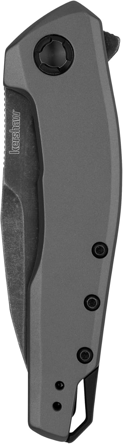 Kershaw Sanctum Pocket Knife, Curved Grey PVD Stainless Steel Handle, 3 inch 8Cr13Mov Blackwash Blade, Pocketclip