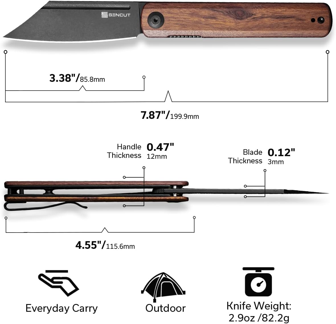 SENCUT Bronte Folding Pocket Knife with Front Flipper, 3.38 Inch 9Cr18MoV Reverse Tanto Blade