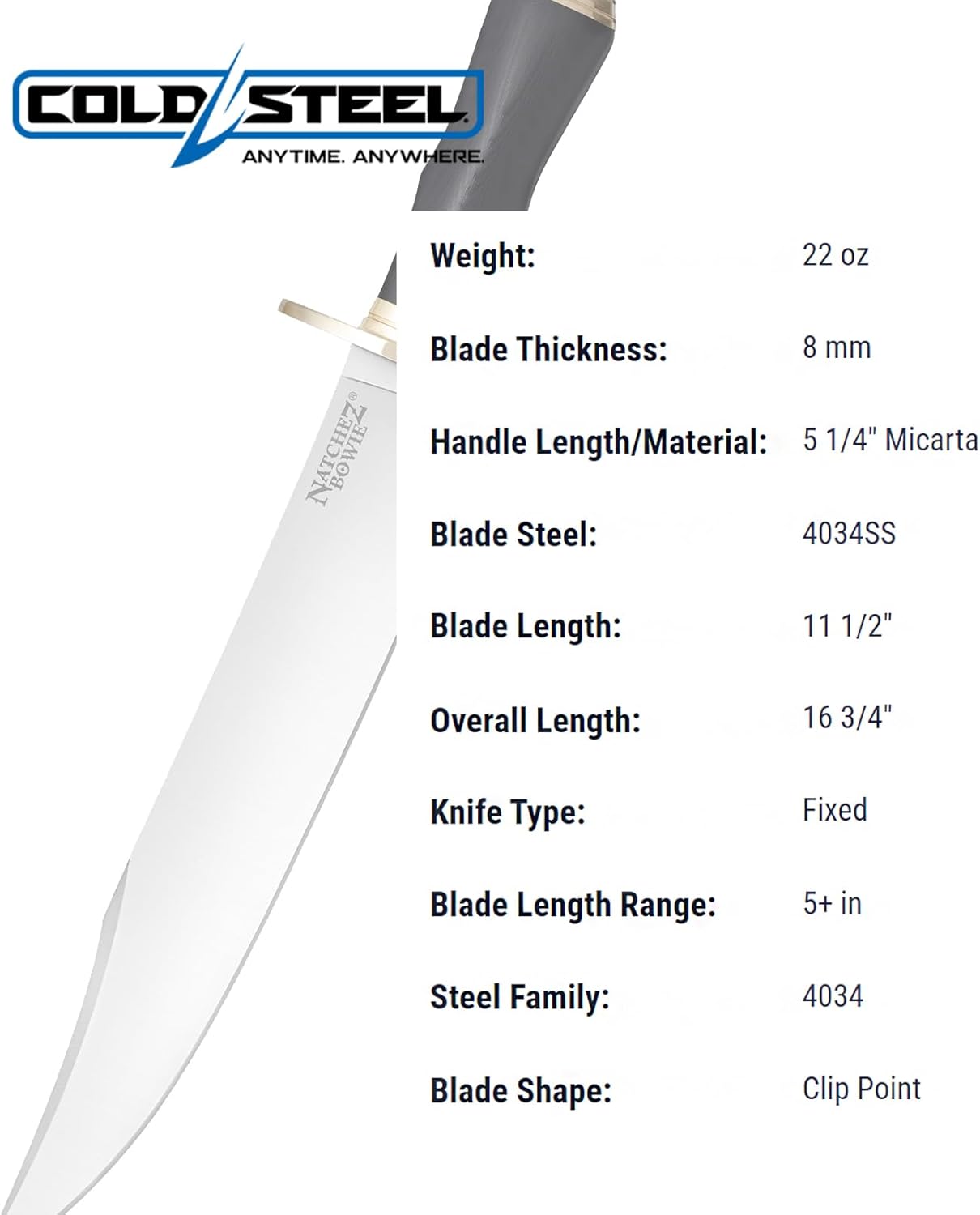 Cold Steel Natchez Bowie 11.5" 4034SS Steel Razor-Sharp Clip Point Blade 5.25" Micarta Handle Fixed Blade Hunting Knife