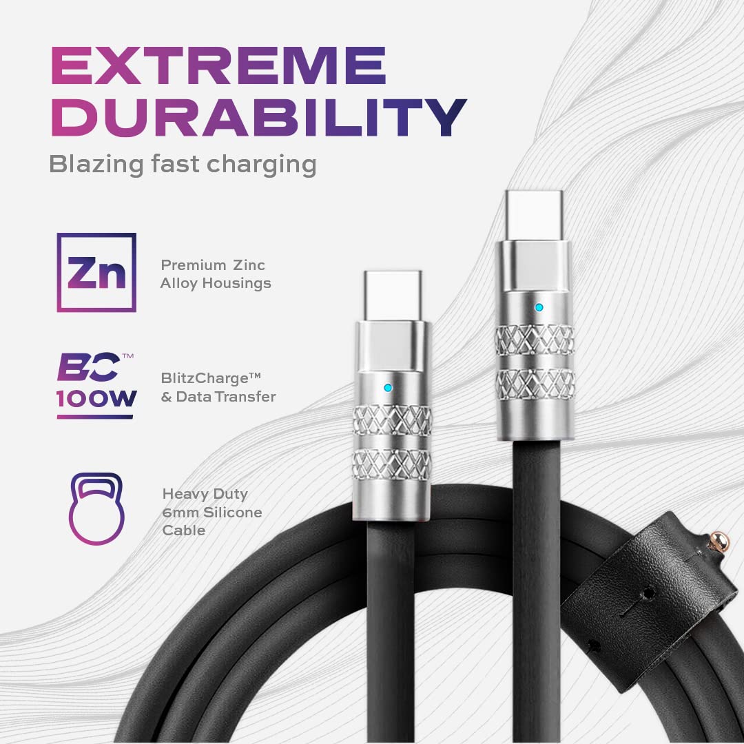 STATIK TSumoCharge 100W USB-C to USB-C Charging Cable, Heavy-Duty Silicone, 6 ft