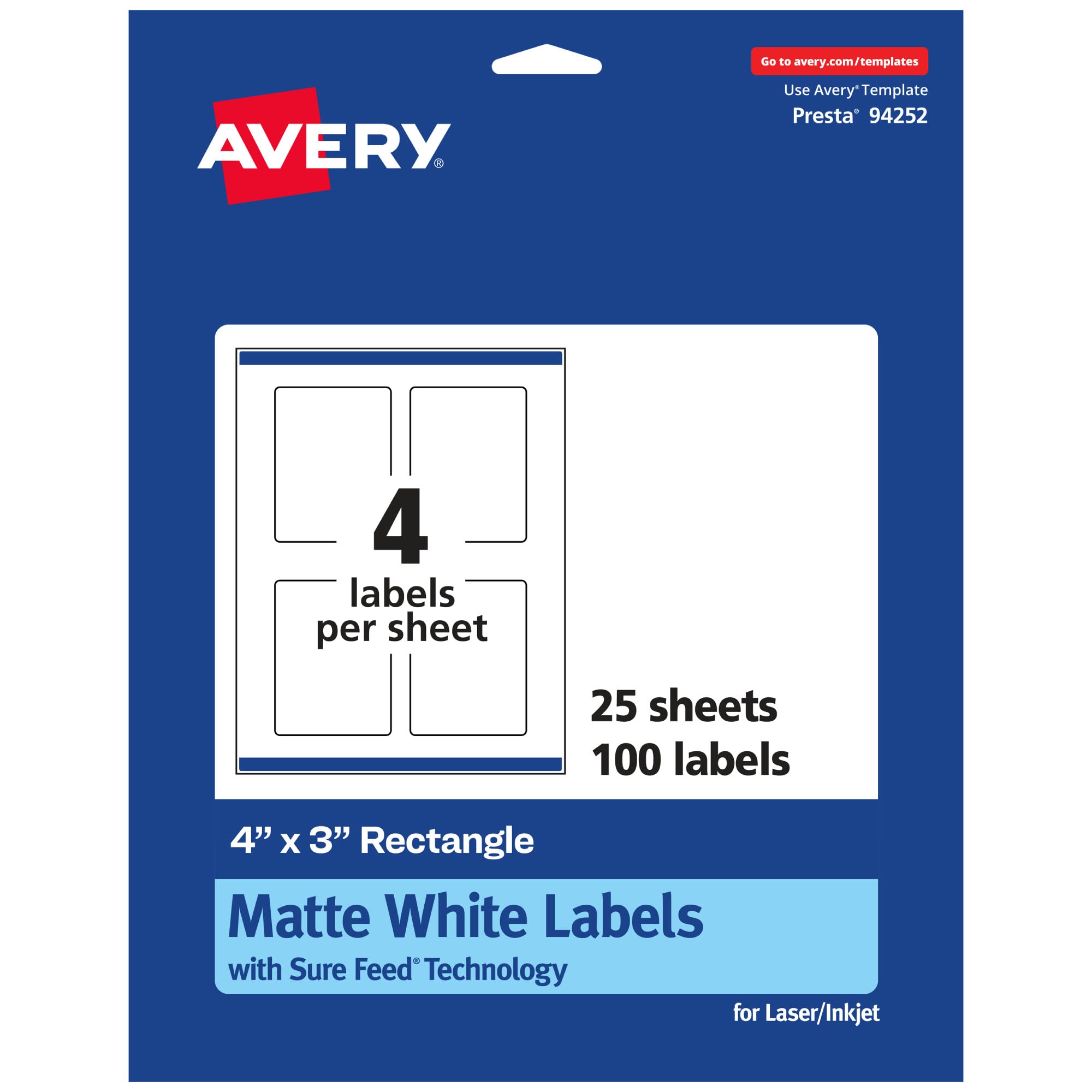 Avery Matte White Rectangle Labels, Sure Feed Technology, 4" x 3"