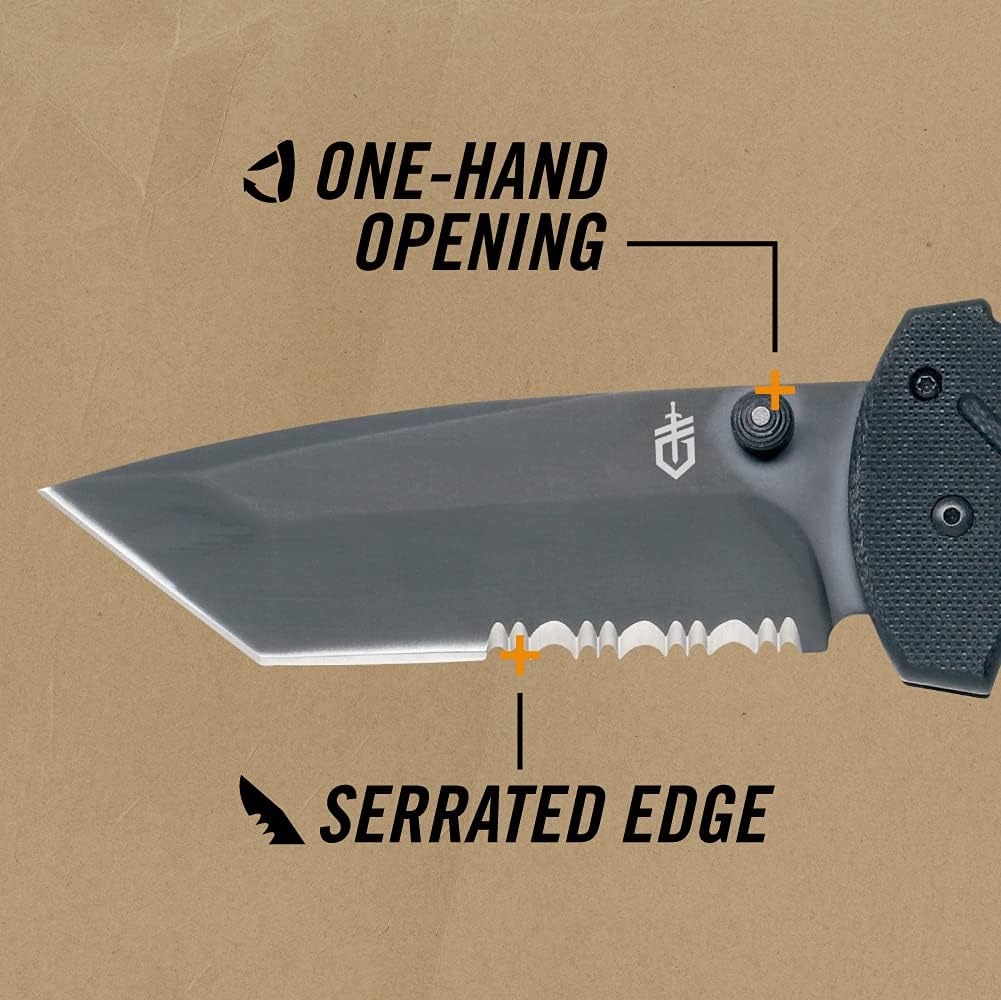Gerber Gear 06 FAST Pocket Knife - Serrated Edge Tanto Folding Knife with Quick One-Hand Opening - Black