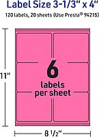 Avery Printable Rectangle Labels, Sure Feed Technology, 3-1/3" x 4", Bright Pink, Laser/Inkjet Printable