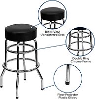 Flash Furniture Bruno Double Ring Chrome Backless Barstool with Black Upholstered Seat and Integrated Footrest Black Set of 1