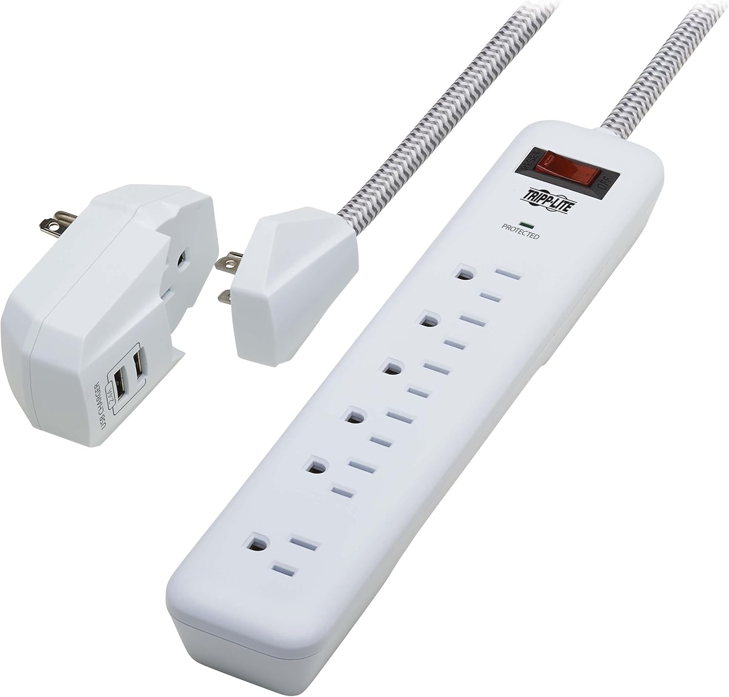 Tripp Lite Surge Protector Power Strip 7-Outlet with 2 USB Ports 6ft Cord White (TLP616USB)