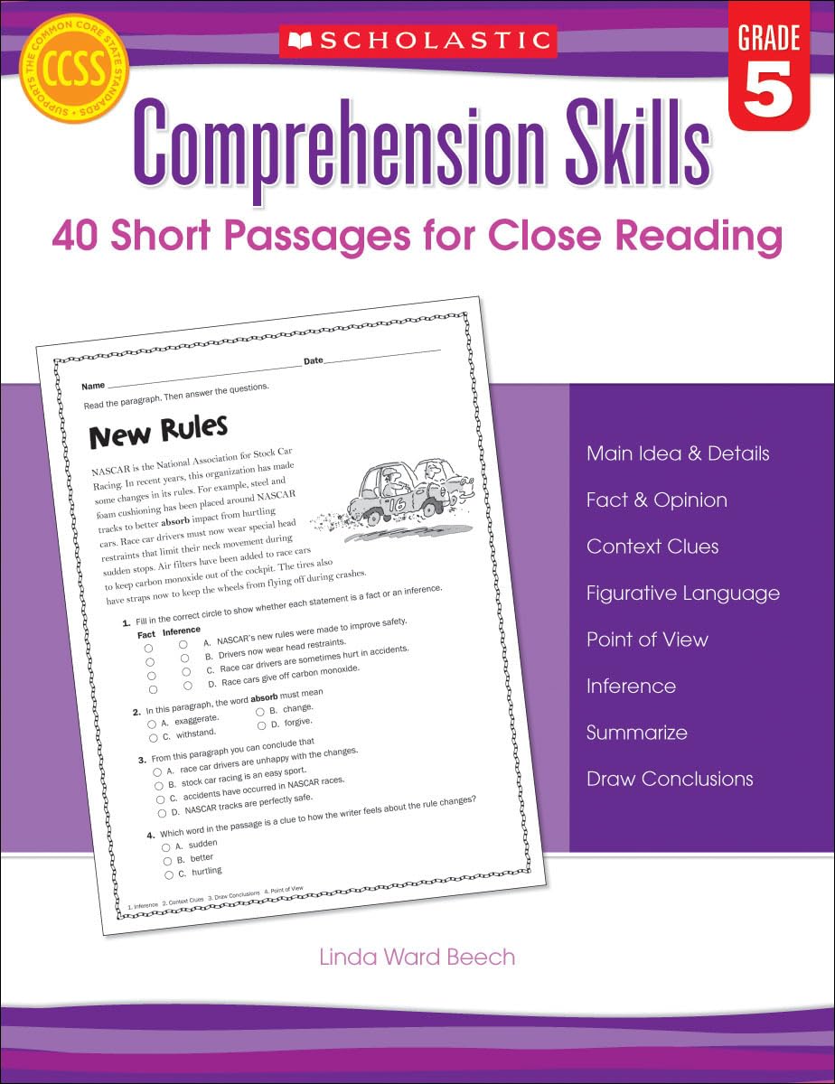 Scholastic Comprehension Skills: 40 Short Passages For Close Reading, Grade 5