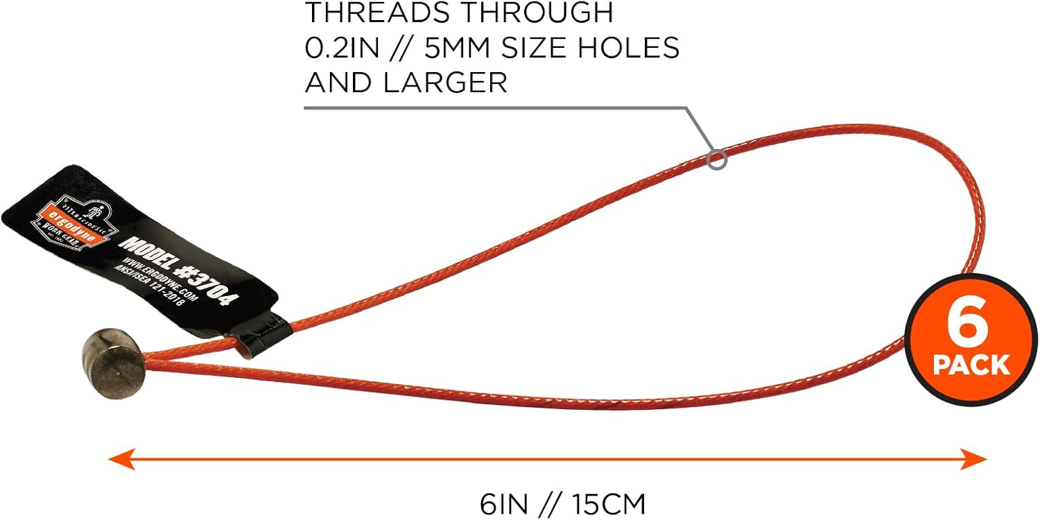 Wire Tool Attachment Tail with Loop End, Tool Weight Capacity 2lbs, 6-Pack, Ergodyne Squids 3704 , Orange