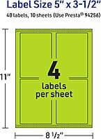 Avery Printable Rectangle Labels, Sure Feed Technology, 5 x 3-1/2, Bright Green