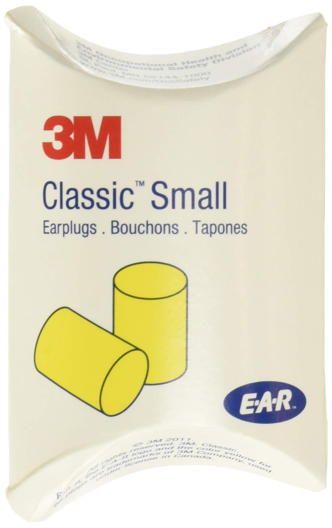 3M 3101103 Ear Classic Small Earplugs in Pillow Paks, PVC Foam, Yellow, 200 Pairs