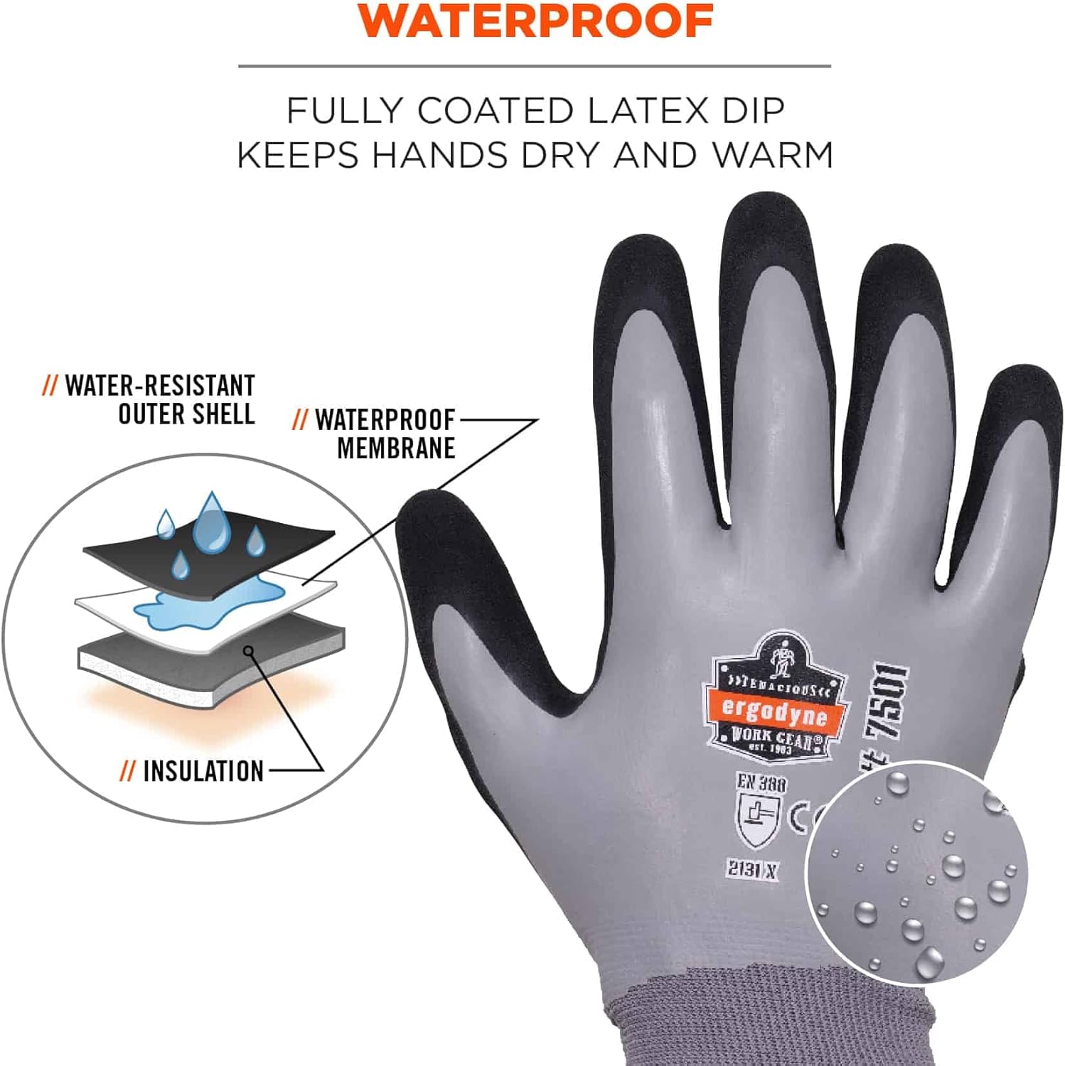 Ergodyne ProFlex 7501 Coated Waterproof Winter Work Gloves, Sandy Nitrile Coated Palms, Thermal Fleece Lining