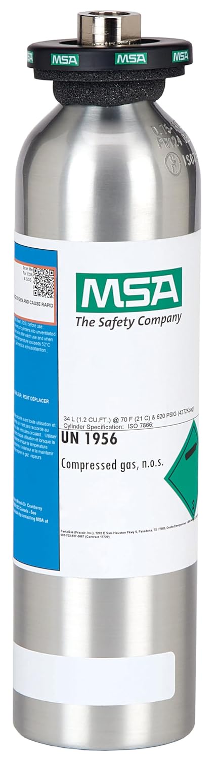 MSA 10048280 Calibration Cylinder, Aluminium Gas Bottle, 34 Liter, 1.45% CH4, 15% O2, 60 PPM CO, 20 PPM H2S