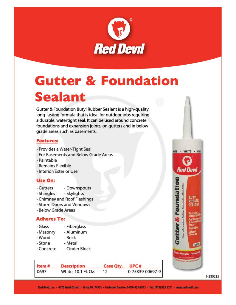 Red Devil 0697 Gutter & Foundation Sealant, 10.1 oz., White, (Pack of 1) 1 Pack White