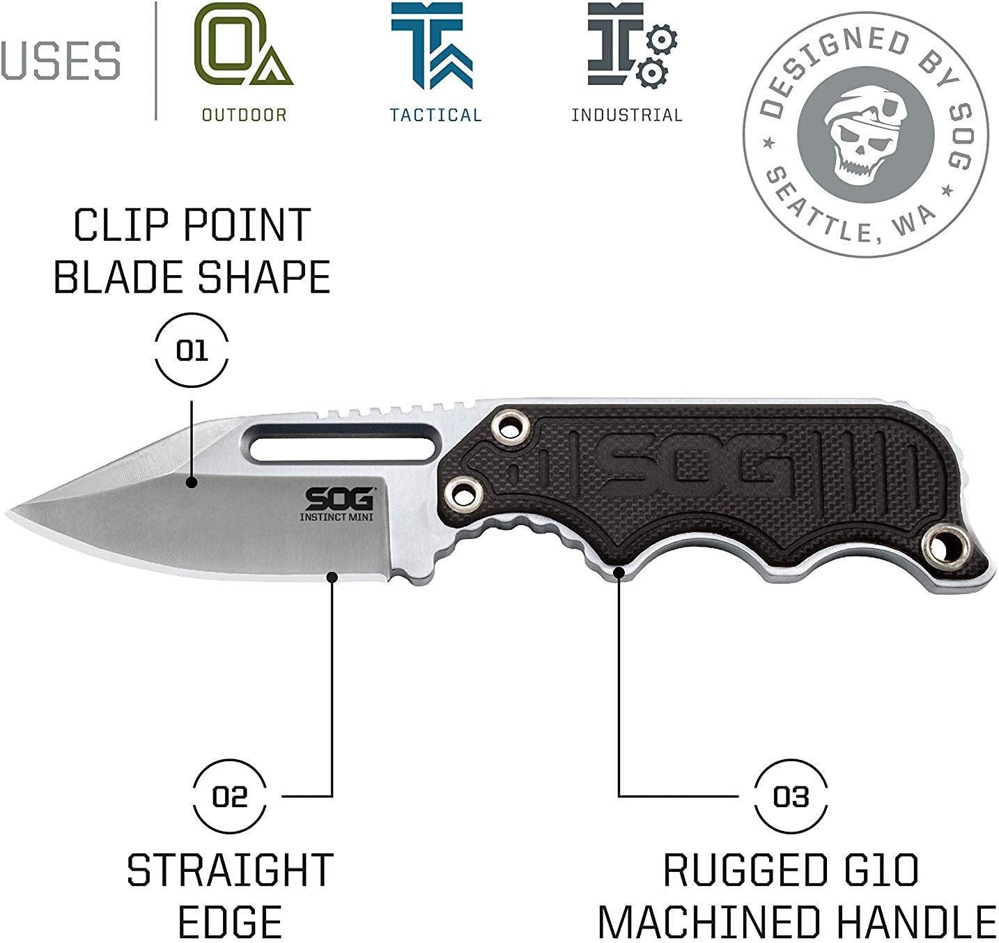 SOG Instinct Mini Small Fixed Blade Knife- 8.75 Inch x 1 Inch x 4 Inch Full Tang Adjustable Clip Belt or Boot Knife