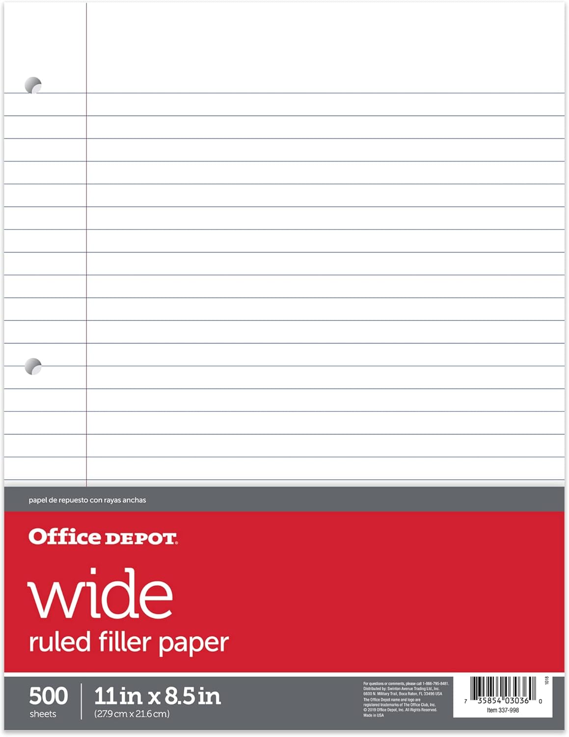 Office Depot Ruled Filler Paper, 3-Hole Punched, 16-Lb, Wide Ruled With Margin, 11in x 8 1/2in, 500 Sheets, 09228OD
