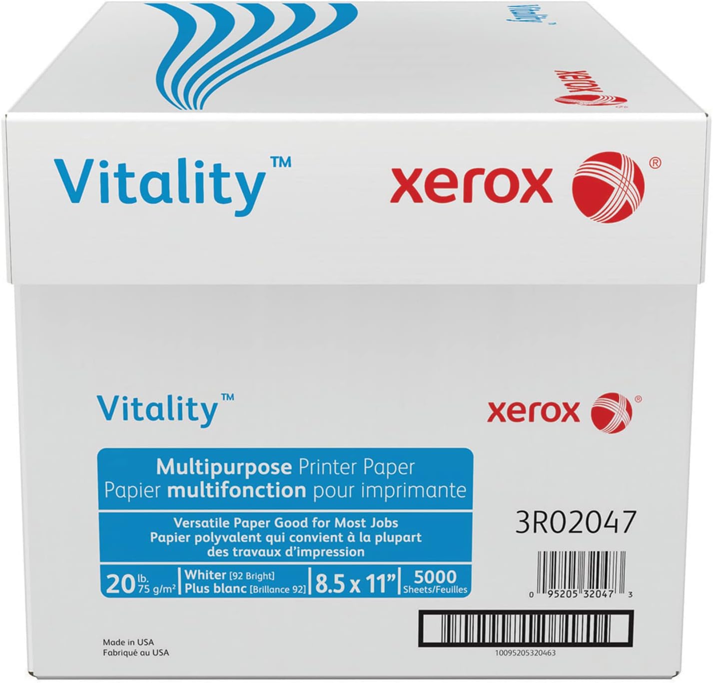 Xerox Vitality Multi-Use Printer & Copy Paper, 10 Reams, White, Letter (8.5in x 11in), 5000 Sheets Per Case, 20 Lb