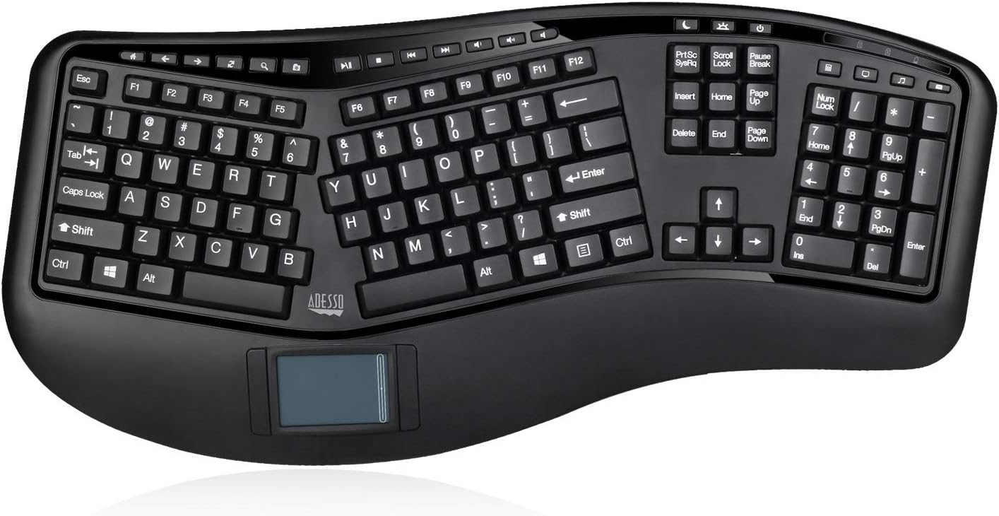 WKB-4500UB - Wireless Ergonomic Desktop Touchpad Keyboard, Split Keys Design, Palm Rest, Media Control Hotkeys
