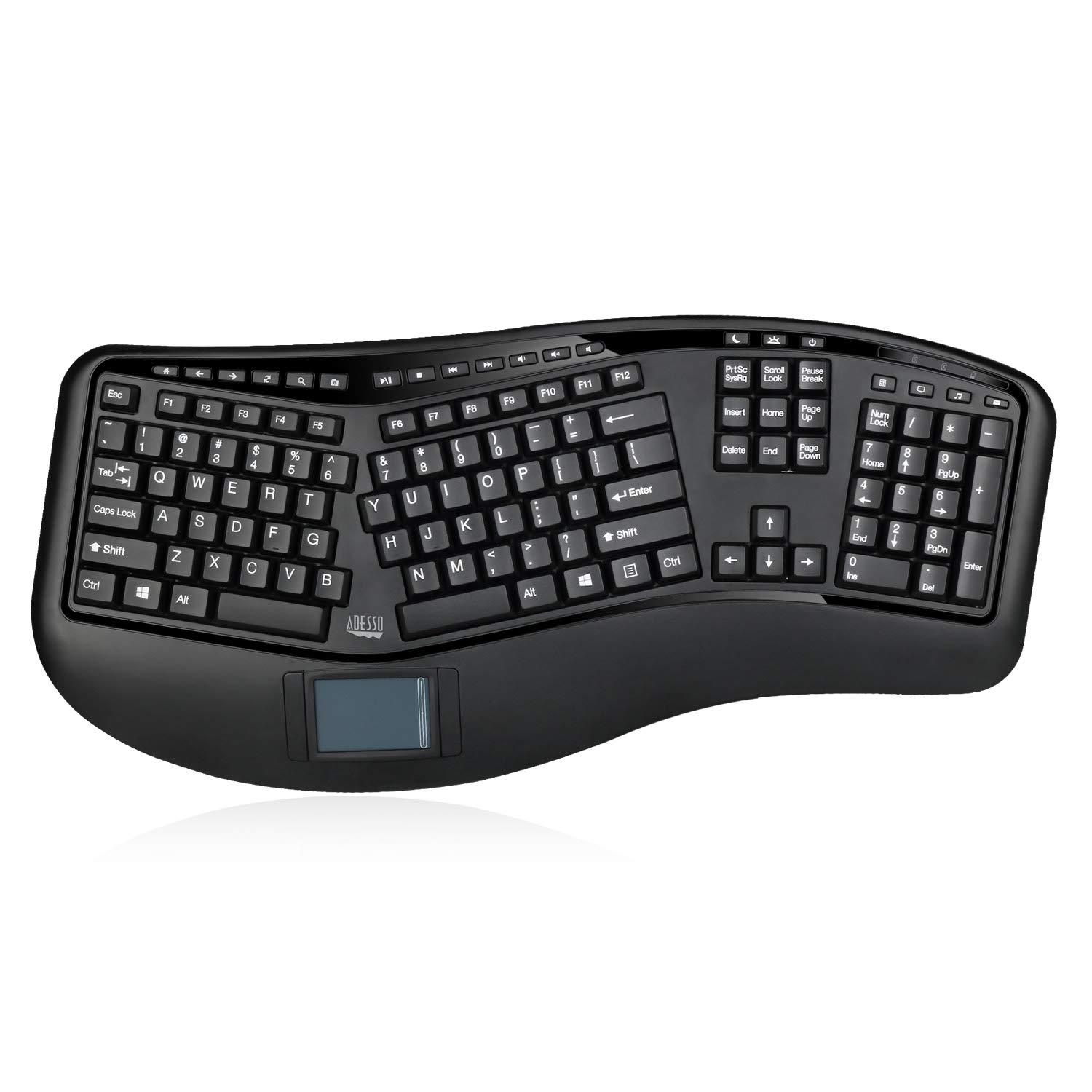 WKB-4500UB - Wireless Ergonomic Desktop Touchpad Keyboard, Split Keys Design, Palm Rest, Media Control Hotkeys