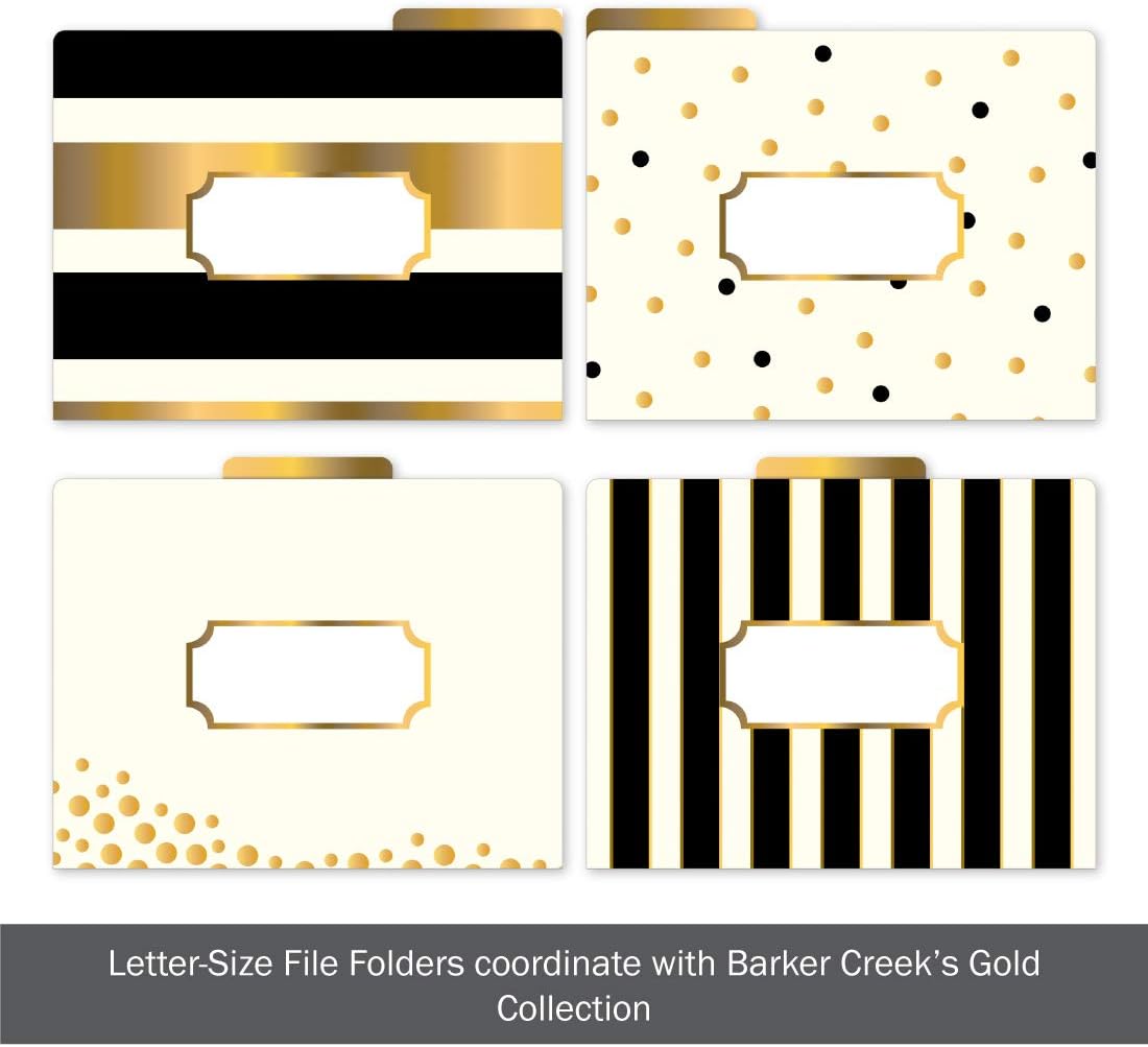 BARKER CREEK Designer File Folders Set of 12, Gold, Multi-Design Set with Gold on Outside, Cream on Inside, Letter-Size 1/3 Cut Tabs, Pack of 12 (1337) 12pt Cardstock