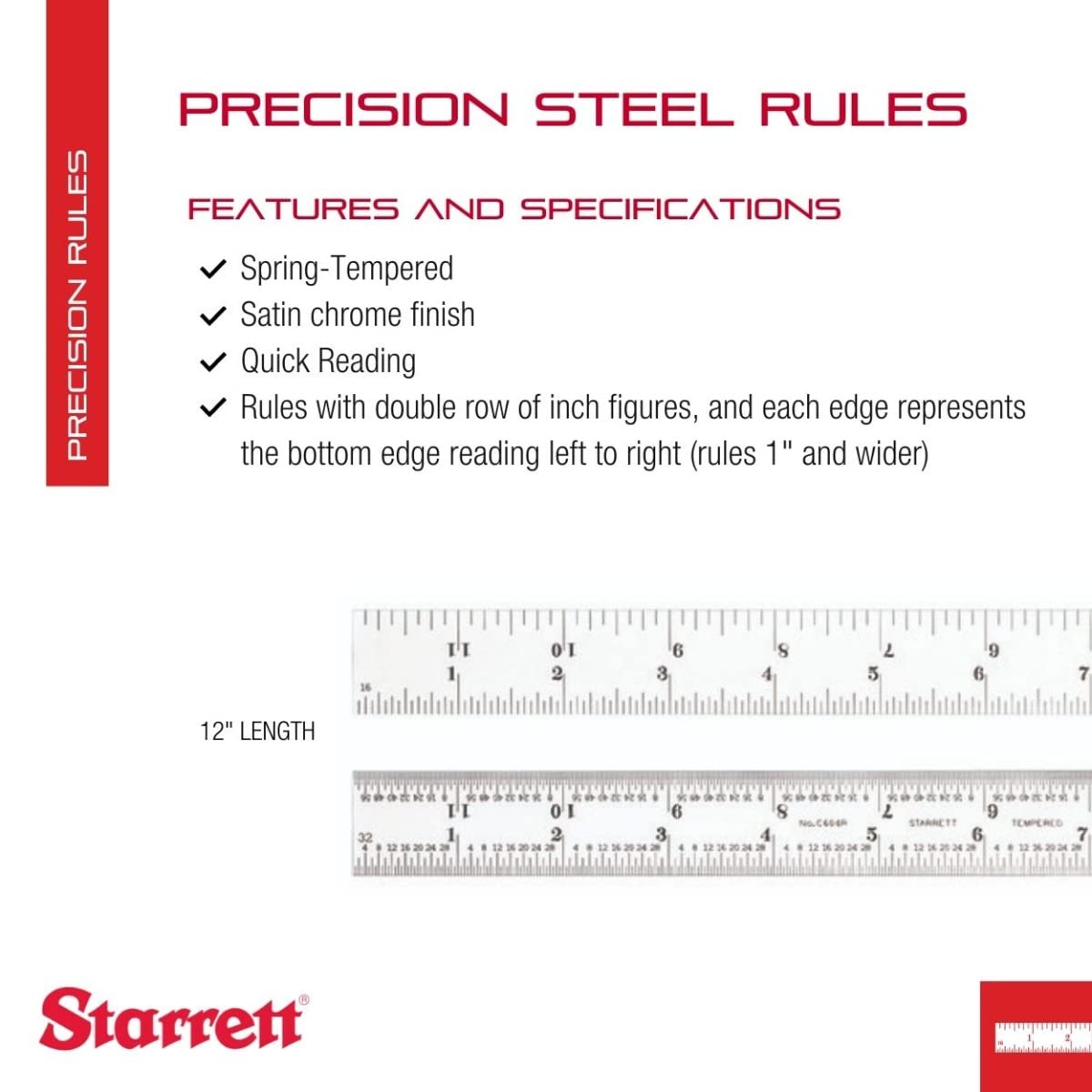 Starrett Spring Tempered Steel Rule with Satin Chrome Finish