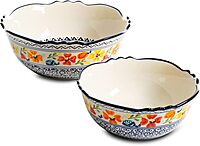 Gibson Home Luxembourg 2 Piece Stoneware Bowl Set, White with Blue Design, 10 and 8 Inch