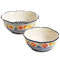Gibson Home Luxembourg 2 Piece Stoneware Bowl Set, White with Blue Design, 10 and 8 Inch