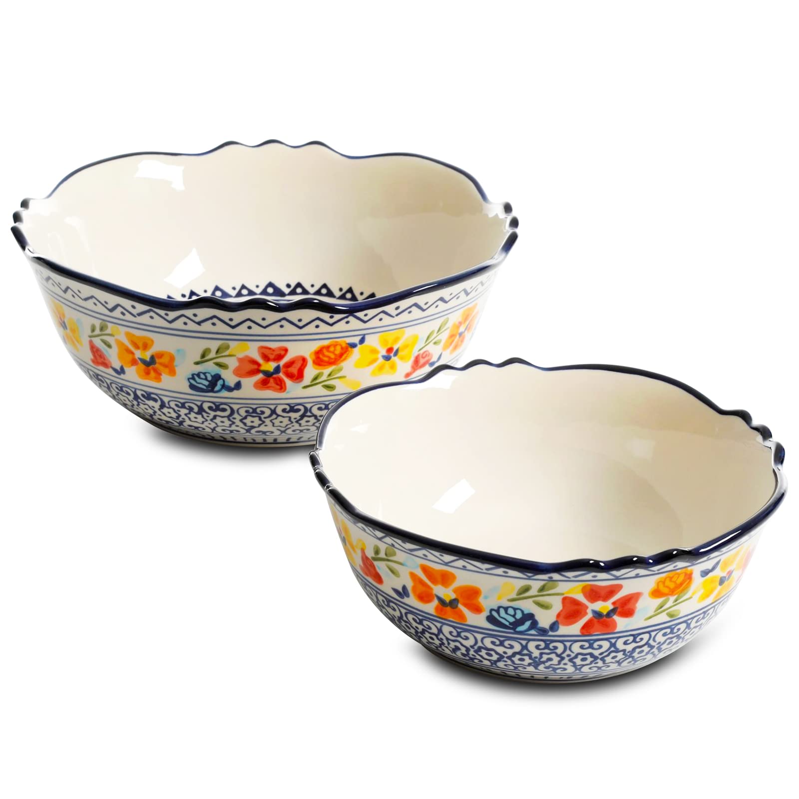 Gibson Home Luxembourg 2 Piece Stoneware Bowl Set, White with Blue Design, 10 and 8 Inch